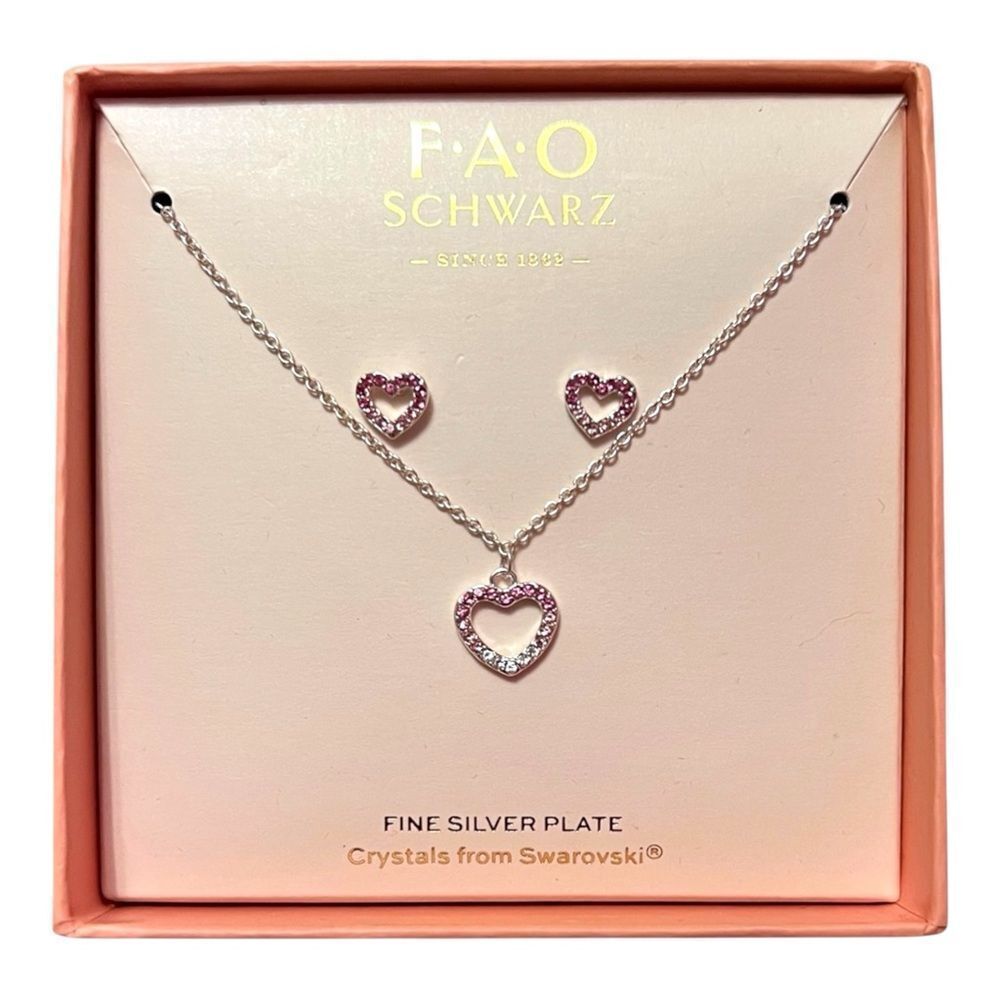 F.A.O. Schwarz Fine Silver Plated Pink And White Crystal Heart Necklace & Studs